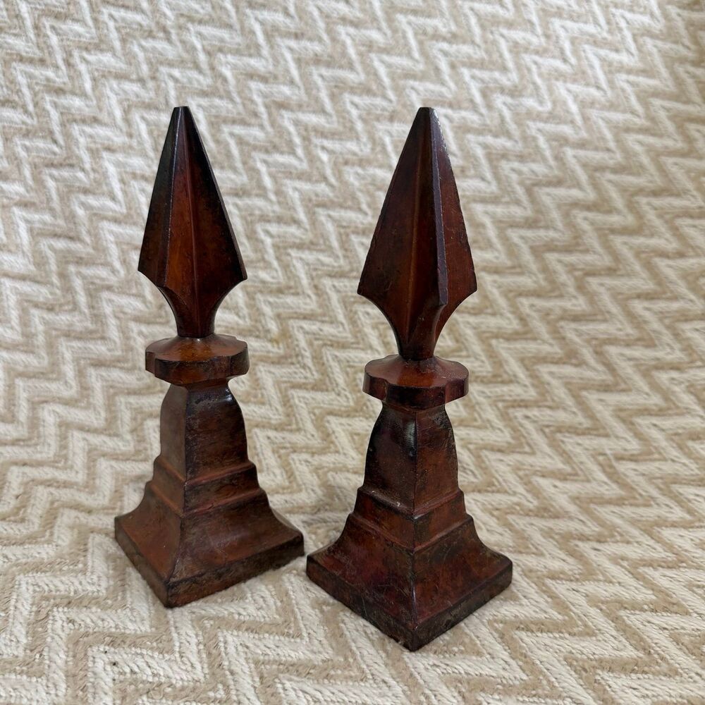 Vintage Hosley Solid Brass Finial Spears Burl Wood Finish Set of 2